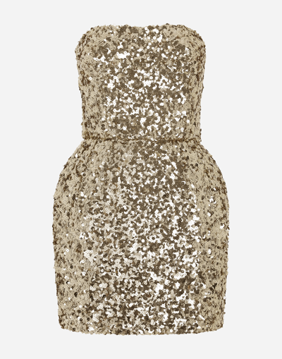 Dolce & Gabbana Sequin-embellished Strapless Structured Mini Dress In Gold