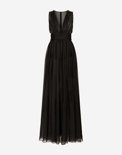 Dolce & Gabbana Long Chiffon Dress With Draped Belt In Black