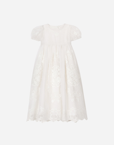 Dolce & Gabbana Babies' Empire-line Embroidered Chiffon Christening Dress With Short Sleeves