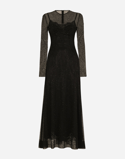 Dolce & Gabbana Long Tulle Dress With Fusible Rhinestone Embellishment In Black