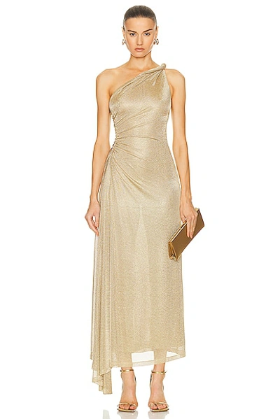 Tove Vivien One-shoulder Ruched Metallic Knitted Maxi Dress In Gold
