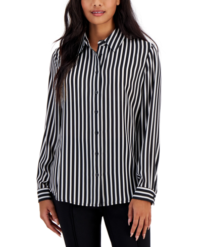 Ak Anne Klein Petite Jasper Striped Crepe Button-front Blouse In Anne White,anne Black