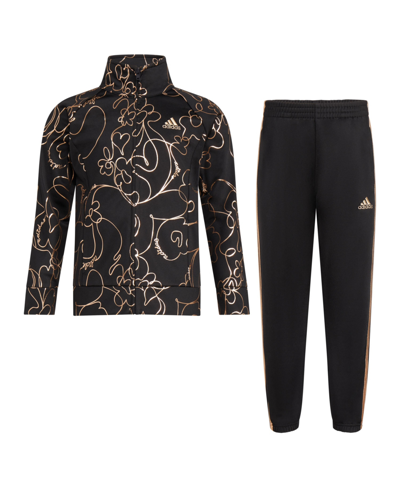 Adidas Originals Kids' Big Girls Printed Glam Tricot Track Jacket And Jogger Pants, 2 Piece Set In Black With Gold