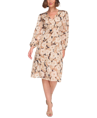 Tommy Hilfiger Women's Floral-chiffon Smocked Dress In Brown Sugar Multi