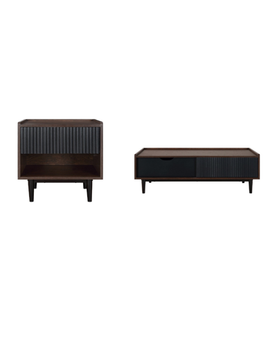 Manhattan Comfort Duane 2-piece Medium Density Fibreboard Ribbed End Table And Coffee Table Set In Dark Brown And Black