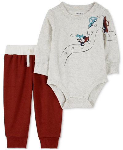 Carter's Baby Boys Cars Bodysuit And Pants, 2 Piece Set In Red,gray