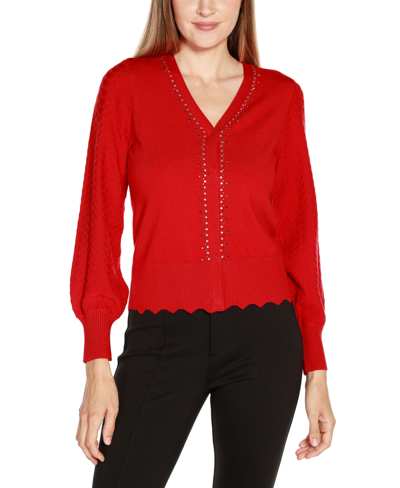 Belldini Black Label Plus Size Rhinestone Embellished Cardigan Sweater In  Red