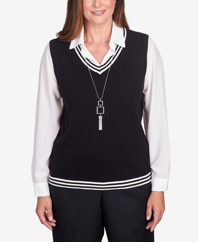 Alfred Dunner Petite Downtown Vibe Stripe Trim Vest With Collar Sweater In Ebony,white