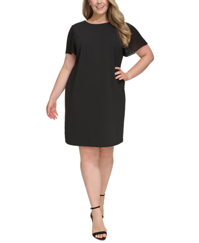 Tommy Hilfiger Plus Size Pleated Chiffon-sleeve Dress In Black