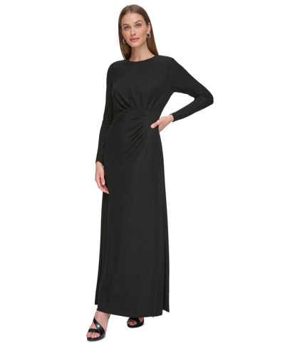 Dkny Women's Jewel-neck Long-sleeve Metallic Gown In Black,silver