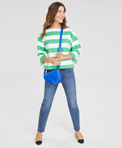 On 34th Women's Stripe Boat-neck Top, Created For Macy's In Green,snow Combo