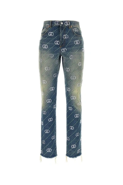 Gucci Straight-leg Frayed Crystal-embellished Jeans In Blue