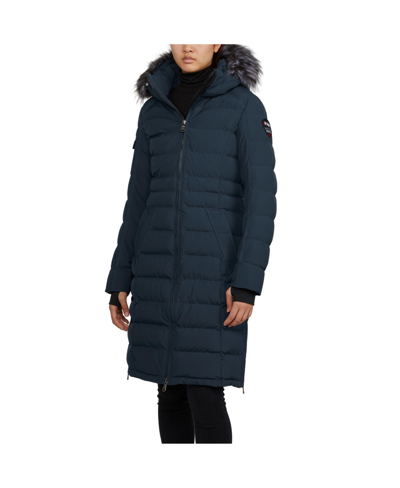 Pajar Venice Ff Ladies Long Puffer Coat With Removable Fur Trim In Navy