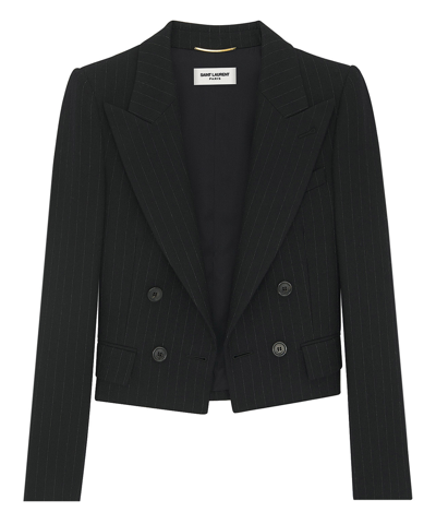 Saint Laurent Cropped Pinstriped Wool And Cotton-blend Twill Blazer In Black