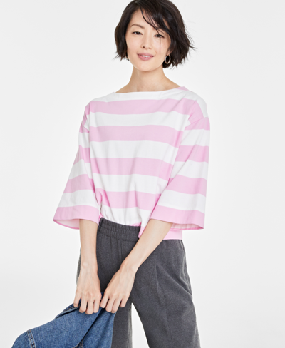 On 34th Women's Stripe Boat-neck Top, Created For Macy's In Bonbon,snow Combo