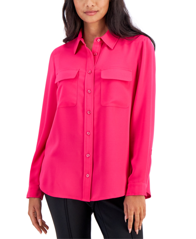 Ak Anne Klein Petite Jasper Crepe Button-front Utility Blouse In Amaranth