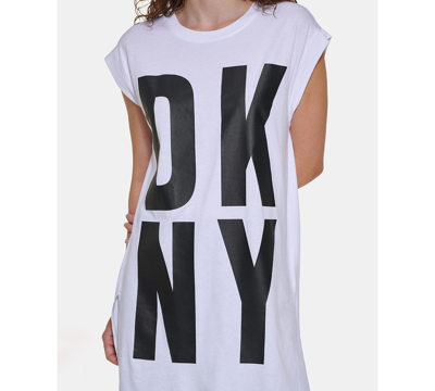 Dkny Logo-print Sleeveless Tunic Top In White,black
