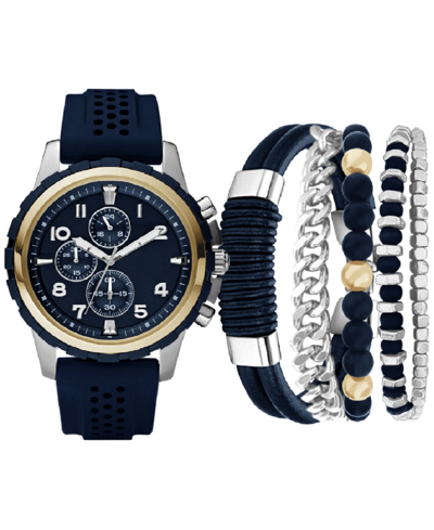 American Exchange Men's Navy Perforated Silicone Strap Watch 45mm Gift Set In Black