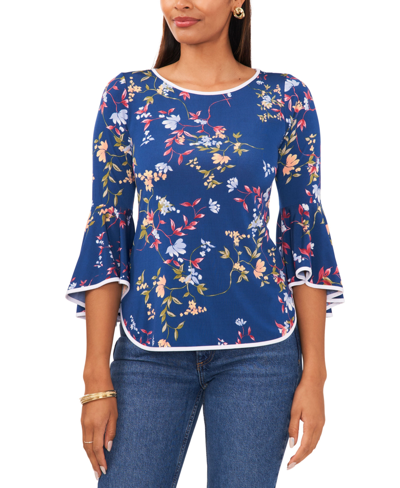 Sam & Jess Petite Floral-print Bell-sleeve Piped Top In Teal,multi Floral