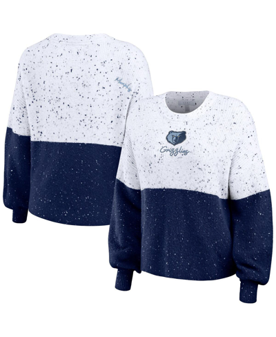 WEAR BY ERIN ANDREWS WOMEN'S WEAR BY ERIN ANDREWS WHITE, NAVY MEMPHIS GRIZZLIES COLOR-BLOCK PULLOVER SWEATER