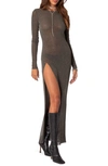 Edikted Glitter Side Slit Long Sleeve Mesh Maxi Dress In Olive