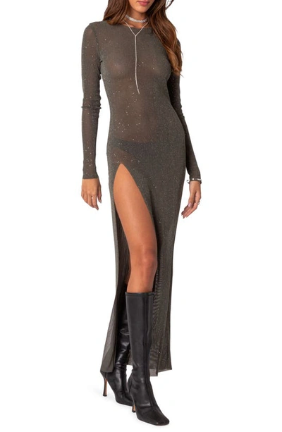 Edikted Glitter Side Slit Long Sleeve Mesh Maxi Dress In Olive