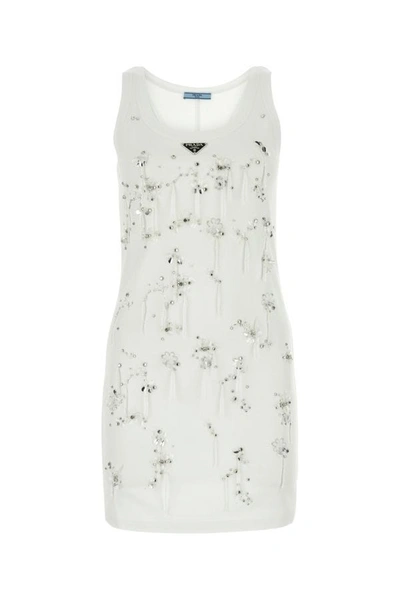Prada White Embroidered Ribbed Minidress