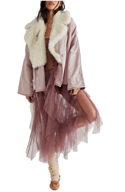 Free People Lolo Faux Fur Collar Denim Jacket In Pale Mauve