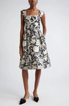 CAROLINA HERRERA FLORAL JACQUARD FIT & FLARE MIDI DRESS