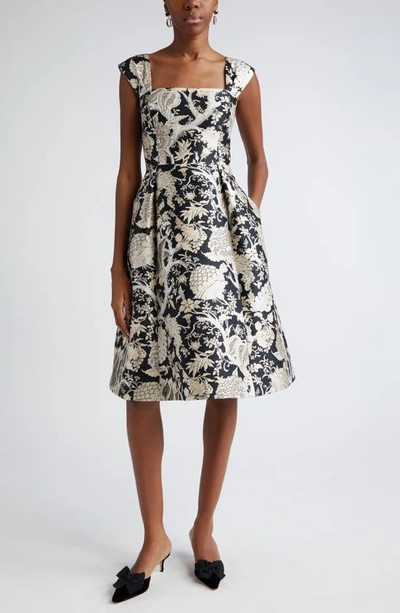 Carolina Herrera Pleated Midi Dress In Blackwhite