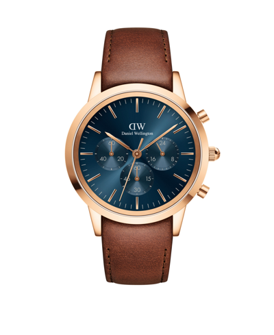 DANIEL WELLINGTON MEN'S ICONIC CHRONOGRAPH SAINT MAWES BROWN LEATHER WATCH 42MM