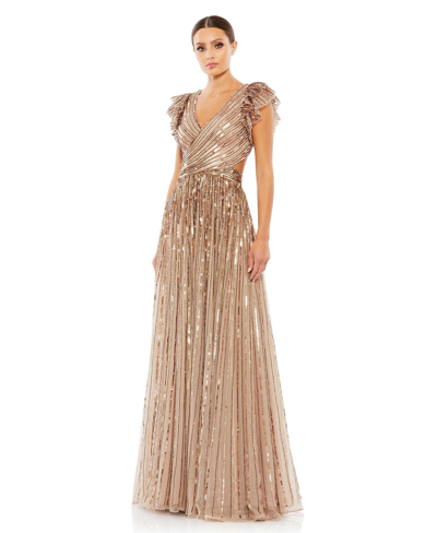 Mac Duggal Sequined Wrap Over Ruffled Cap Sleeve Gown In Copper