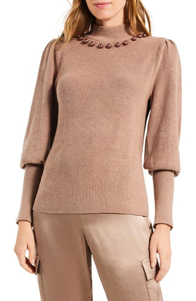 Nic + Zoe Twilight Embellished Puff Shoulder Mock Neck Sweater In Macaroon