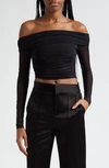 Alice And Olivia Isadola Ruched Off The Shoulder Mesh Crop Top In Black