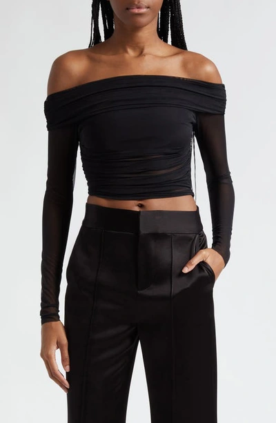 Alice And Olivia Isadola Ruched Off The Shoulder Mesh Crop Top In Black