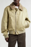 BURBERRY COTTON SATEEN BOMBER JACKET WITH GENUINE SHEARLING COLLAR