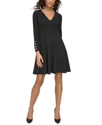 Tommy Hilfiger Women's V-neck Button-sleeve Dress In Black