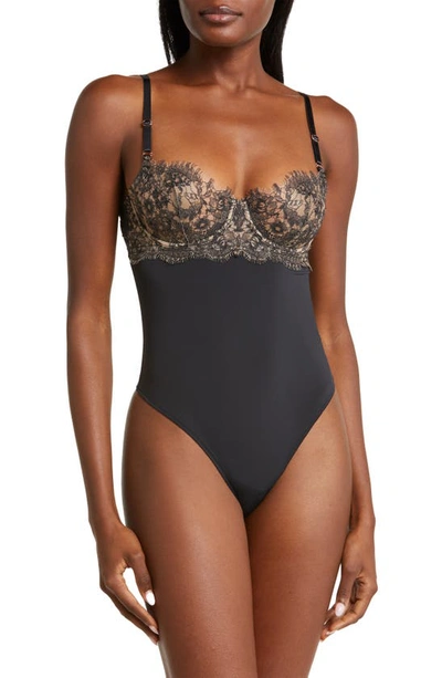 Skarlett Blue Entice Underwire Lace-trim Teddy In Black/nylon