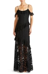 ml Monique Lhuillier Siennaruffle Cold Shoulder Lace Gown Dress In Black In Black