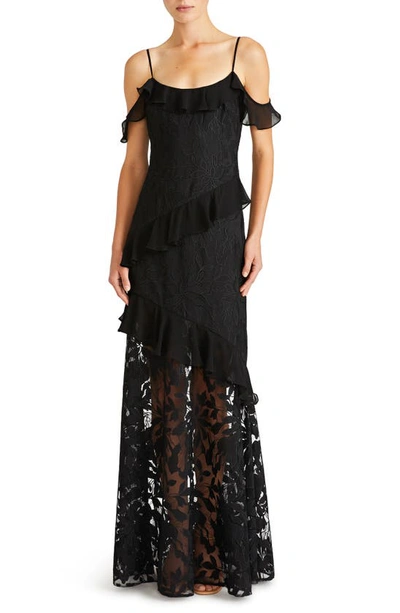 ml Monique Lhuillier Siennaruffle Cold Shoulder Lace Gown Dress In Black