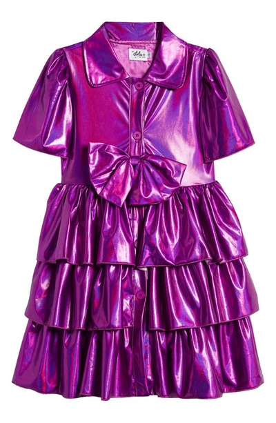 Lola & The Boys Kids' Bow Iridescent Tiered Shirtdress In Pink