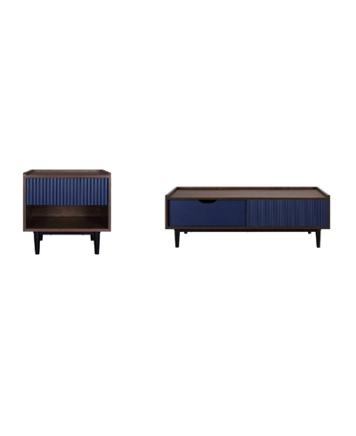 Manhattan Comfort Duane 2-piece Medium Density Fibreboard Ribbed End Table And Coffee Table Set In Dark Brown And Navy Blue
