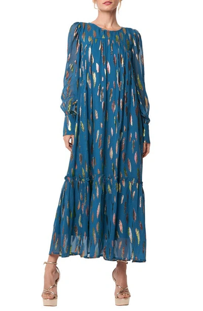 Ciebon Eryn Metallic Print Tie Waist Long Sleeve Maxi Dress In Sea