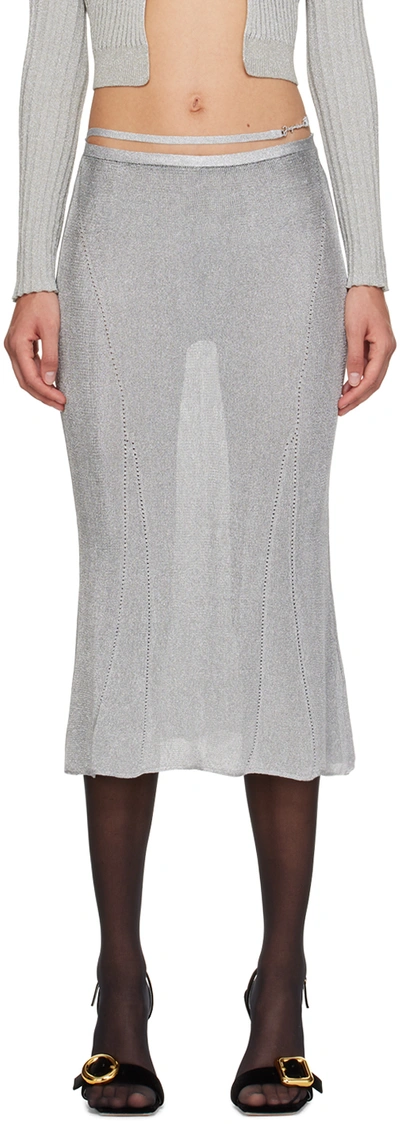 Jacquemus La Jupe Brilho Metallic Knitted Low-rise Midi Skirt In Silver