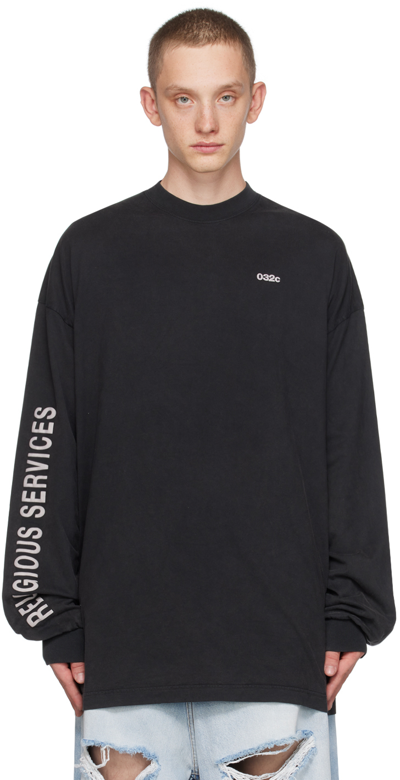 032c Ssense Xx Black Long Sleeve 'religious Services' T-shirt In Faded Black