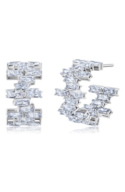 Crislu Baguette Cut Cubic Zirconia Huggie Hoop Earrings In Platinum