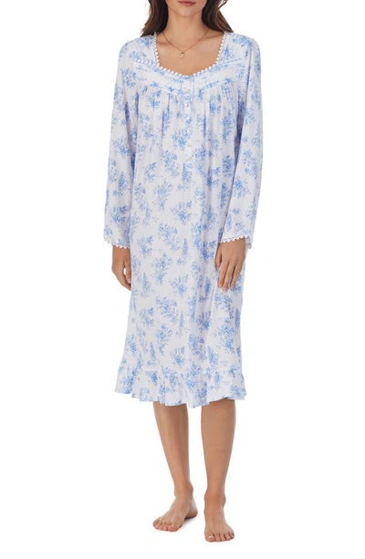 Eileen West Waltz Floral Print Lace Trim Long Sleeve Cotton & Modal Nightgown In White Blue Floral