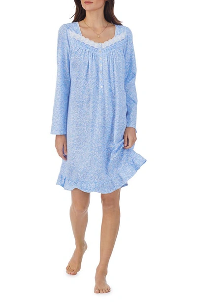 Eileen West Floral Print Lace Trim Long Sleeve Jersey Nightgown In Peri/flo