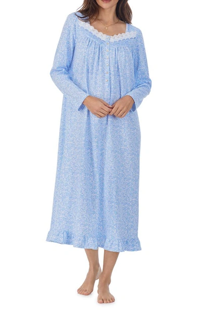 Eileen West Floral Print Lace Trim Long Sleeve Jersey Nightgown In Peri/flo