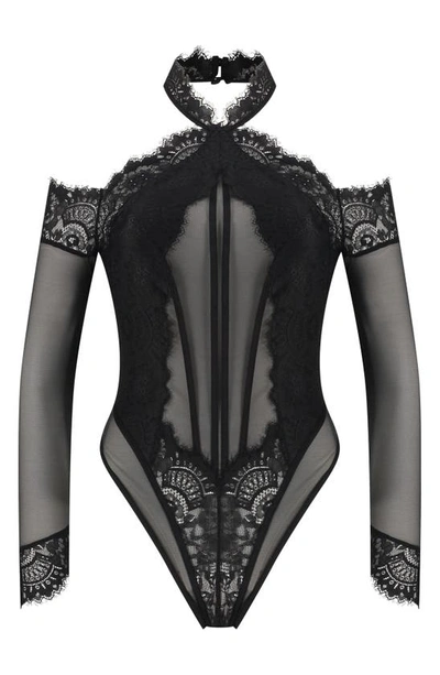 Hunkemoller Hunkemöller Jenni Long Sleeve Lace & Mesh Bodysuit In Caviar